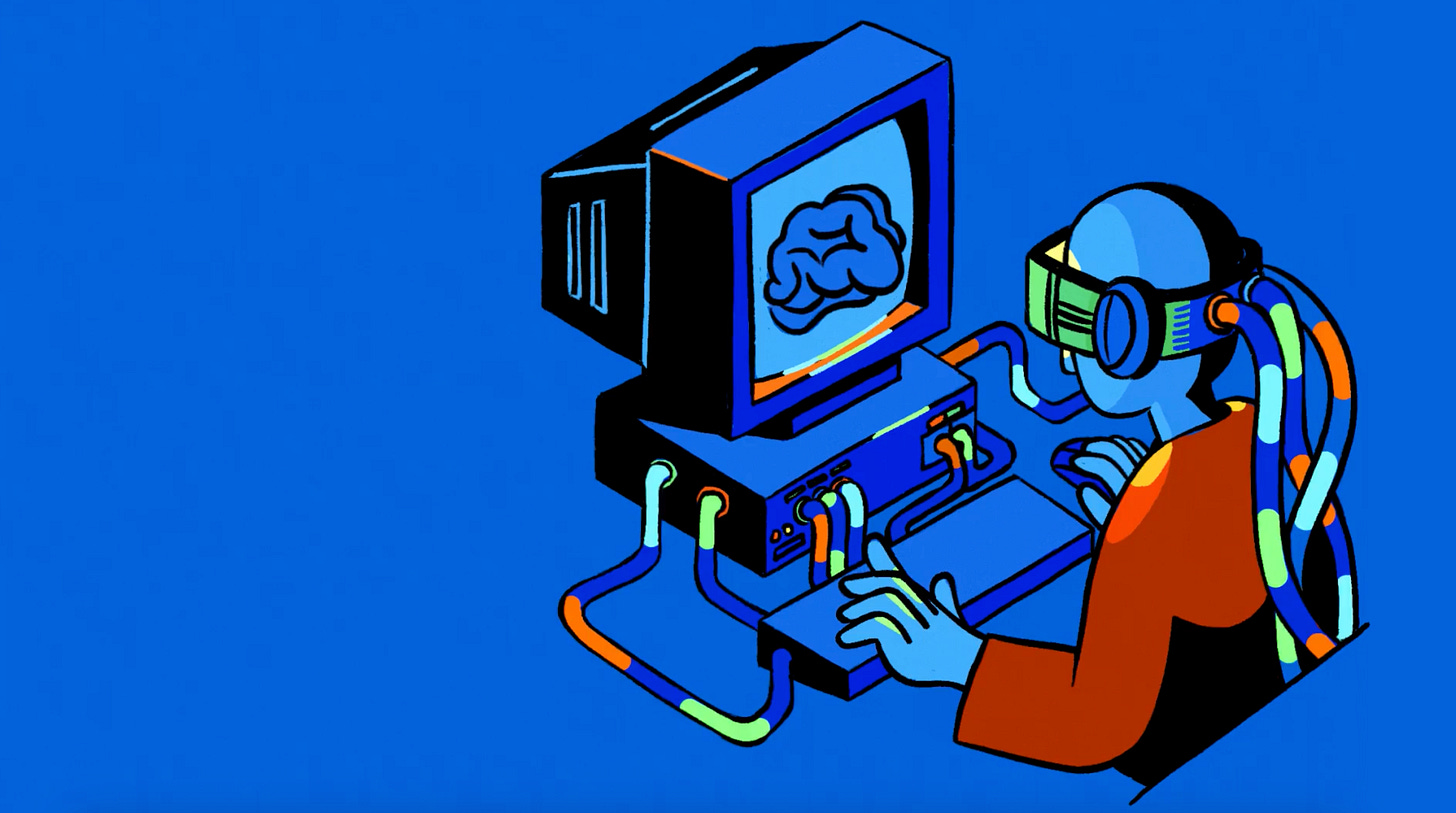 12:03 PMClaude responded: A figure with a blue, roboticized head wearing headphones and a visor sits at a retro desktop computer.A figure with a blue, roboticized head wearing headphones and a visor sits at a retro desktop computer. Cables and wires extend from the figure's head and body into the keyboard and machine. The monitor displays a brain. The color palette is vivid blue, orange, red, and neon green. Illustration by Tammy Lian for Mozilla Foundation's Nothing Personal magazine, accompanying Baratunde Thurston's Superficial Intelligence column on employee tracking and AI training.
