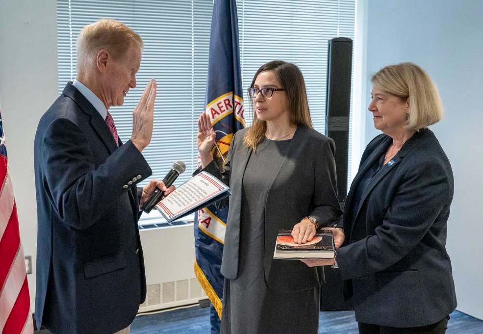 NASA Administrator Bill Nelson, left, swears in Dr. Makenzie Lystrup as Director of Goddard Space Flight Center, as NASA Deputy Administrator Pam Melroy looks on Thursday, April 6, 2023, at the Mary W. Jackson NASA Headquarters building in Washington. NASA Administrator Bill Nelson, left, swears in Dr. Makenzie Lystrup as Director of Goddard Space Flight Center, as NASA Deputy Administrator Pam Melroy looks on Thursday, April 6, 2023, at the Mary W. Jackson NASA Headquarters building in Washington.