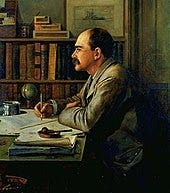 Kipling at his desk, 1899. Portrait by Burne-Jones. Kipling at his desk, 1899. Portrait by Burne-Jones.