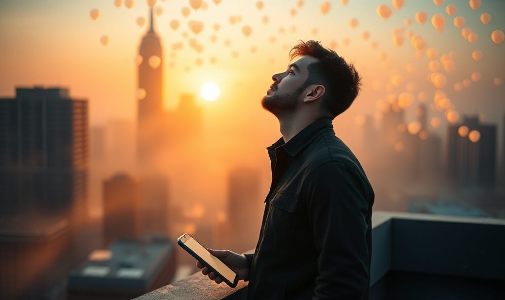 A close-up of a thirty-something man standing alone on a misty city rooftop at dawn, phone face-down on the ledge beside him, his gaze lifted toward the rising sun. The skyline behind him is blurred into soft bokeh, but hundreds of glowing translucent notification bubbles float upward like helium balloons, dissolving into golden light the higher they rise. Warm sunrise tones, cinematic color grade, shallow depth of field, shot on 85mm lens, quiet hopefulness A close-up of a thirty-something man standing alone on a misty city rooftop at dawn, phone face-down on the ledge beside him, his gaze lifted toward the rising sun. The skyline behind him is blurred into soft bokeh, but hundreds of glowing translucent notification bubbles float upward like helium balloons, dissolving into golden light the higher they rise. Warm sunrise tones, cinematic color grade, shallow depth of field, shot on 85mm lens, quiet hopefulness