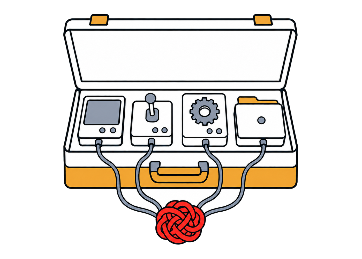 An open tool case holding four improvised devices, with cables converging in a red knot. An open tool case holding four improvised devices, with cables converging in a red knot.