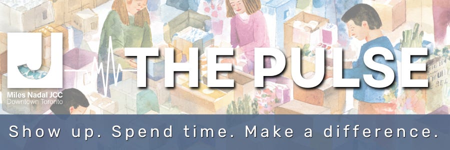 Wide illustrated banner showing people working together around tables, packing items and collaborating. Text reads “THE PULSE” with the Miles Nadal JCC logo and the tagline “Show up. Spend time. Make a difference.” Wide illustrated banner showing people working together around tables, packing items and collaborating. Text reads “THE PULSE” with the Miles Nadal JCC logo and the tagline “Show up. Spend time. Make a difference.”