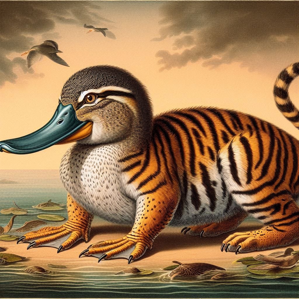 a cross between a duckbilled platypus and a bengal tiger in the style of audubon