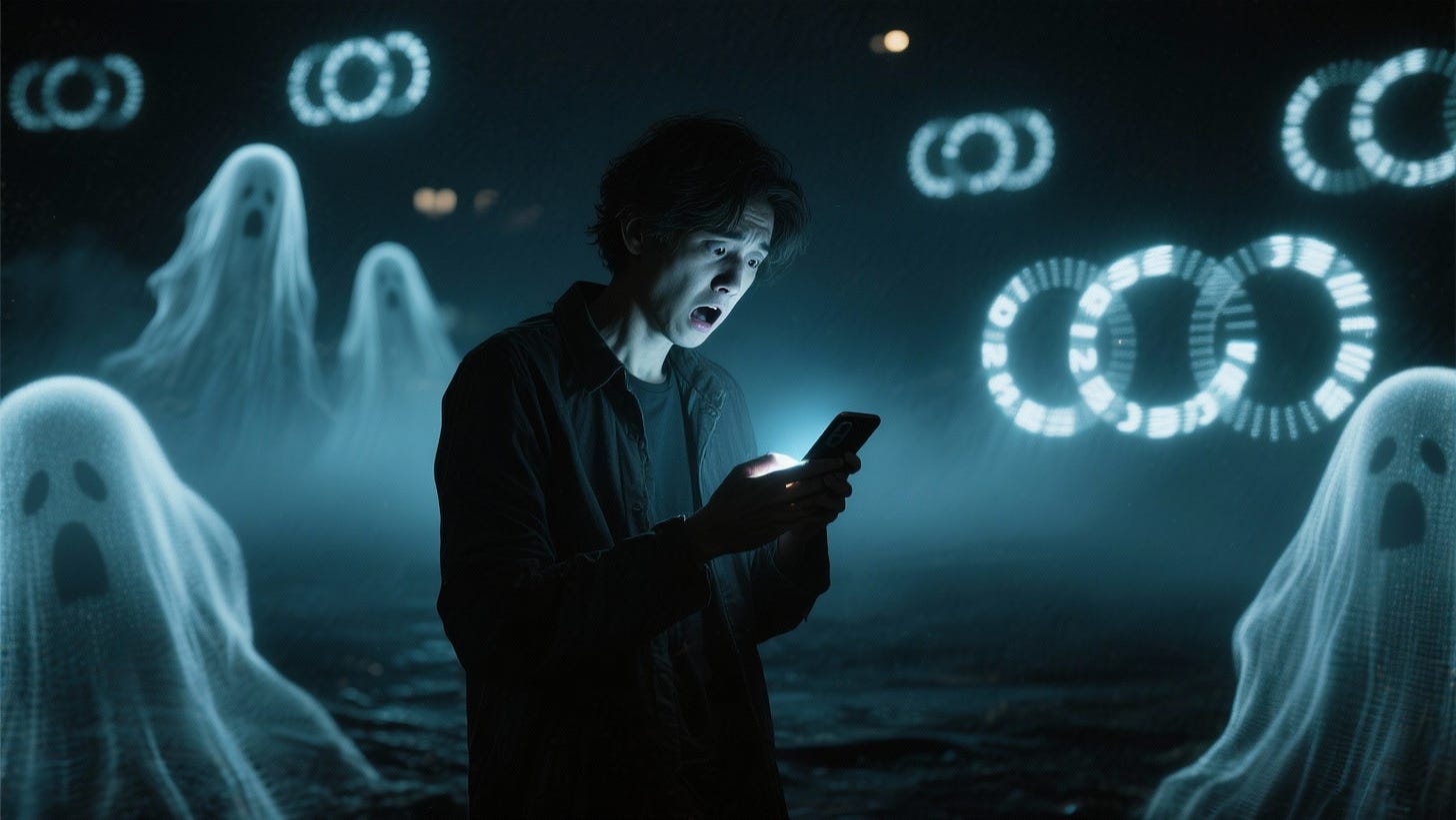 A person staring at their phone while ghostly looping videos float around them in the dark.