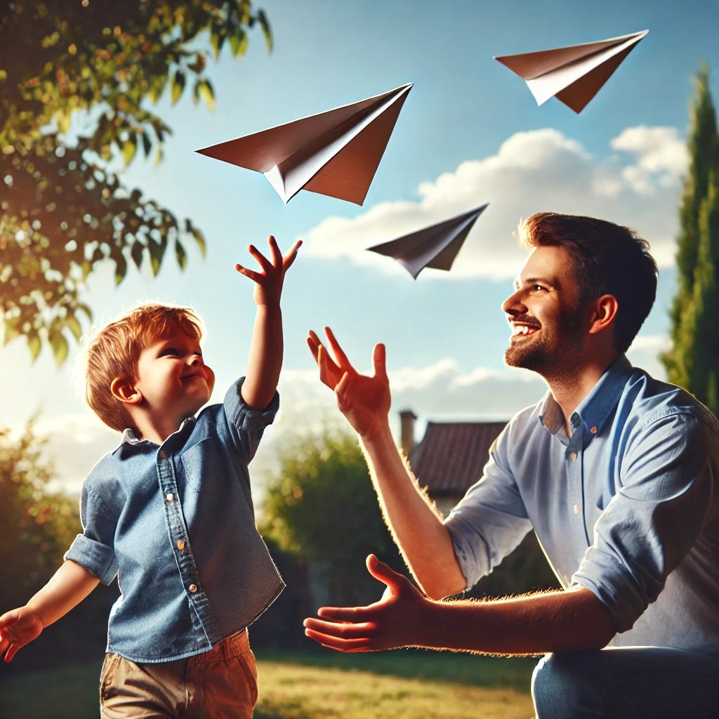 A father and young son standing outside, happily launching paper airplanes into the air. The son is mid-throw, and several paper airplanes are flying above, caught in a gentle breeze. The background shows a peaceful, sunlit yard with a few trees, and the sky is clear blue with a few clouds. The mood is light-hearted and filled with joy, capturing the moment of bonding and play. The father is smiling, watching his son with pride, while holding another paper airplane in his hand.