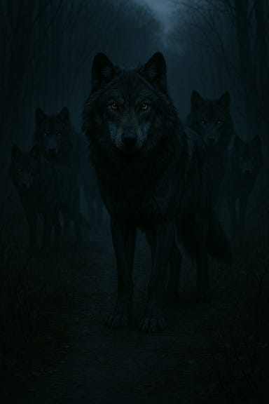 Create an image of a wolf pack on a dark forest path: several wolves with glowing yellow eyes, fur bristling, standing alert on a mist-shrouded trail surrounded by gnarled trees and moonlight filtering through the canopy