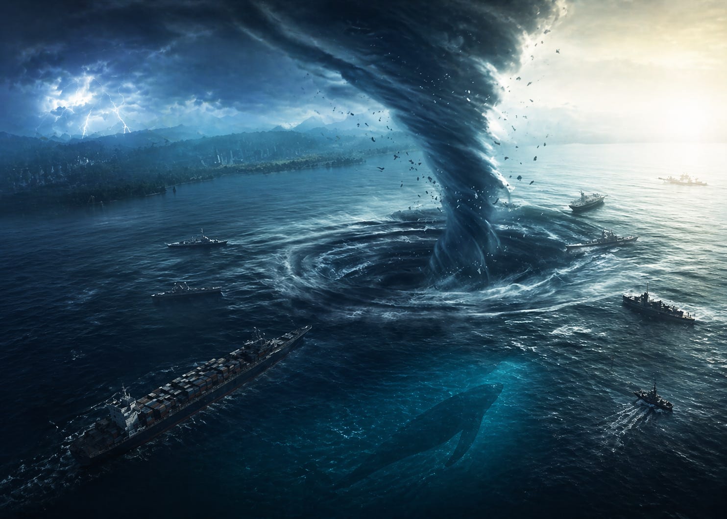 A deep blue ocean spirals into mystery, where light and shadow collide and the unknown lingers just beneath the surface.