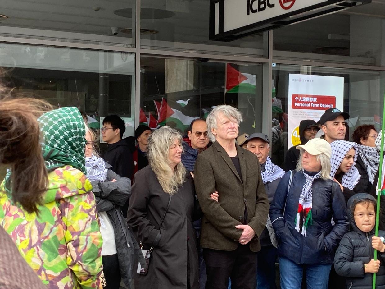 Musician Neil Finn at the Auckland protest, which is part of a national day of action against war in Gaza. 