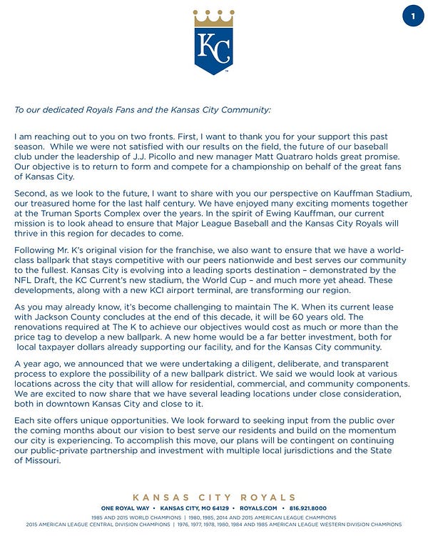 A letter from Royals Chairman and CEO John Sherman to Royals fans and the Kansas City community regarding a potential downtown ballpark district. Due to text character limits we are unable to transcribe the full letter in alt text. The full letter can be found on royals.com.