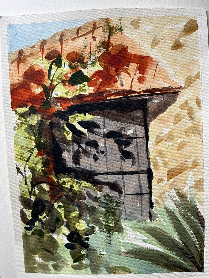 Photo and watercolour painting comparison of a door with the shadow os of leaves on it