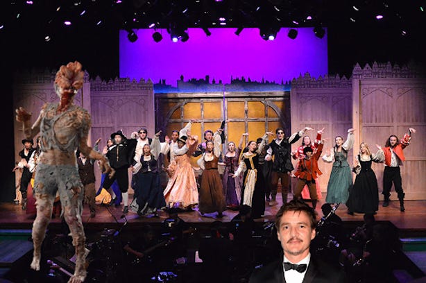 Pedro Pascal in front of Something Rotten cast.