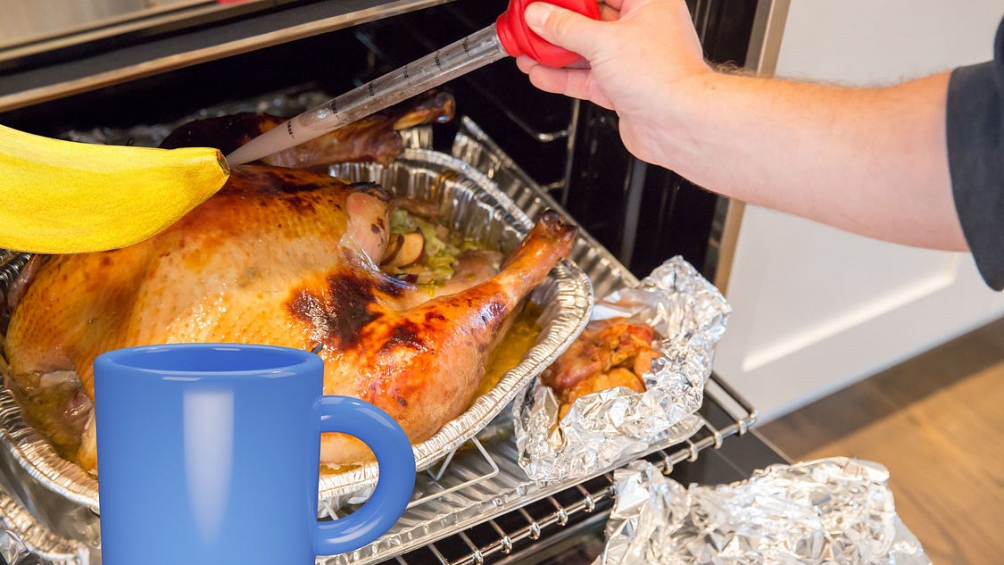 Collaged image of a woman’s hand holding a turkey baster up to a banana over a blue ceramic cup. turkey on oven rack in background. Collaged image of a woman’s hand holding a turkey baster up to a banana over a blue ceramic cup. turkey on oven rack in background.