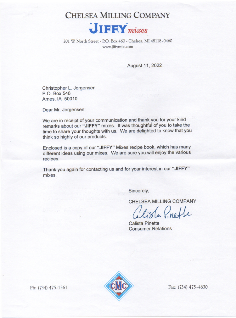 Scan of the letter from Jiffy Mixes. Transcript follows.