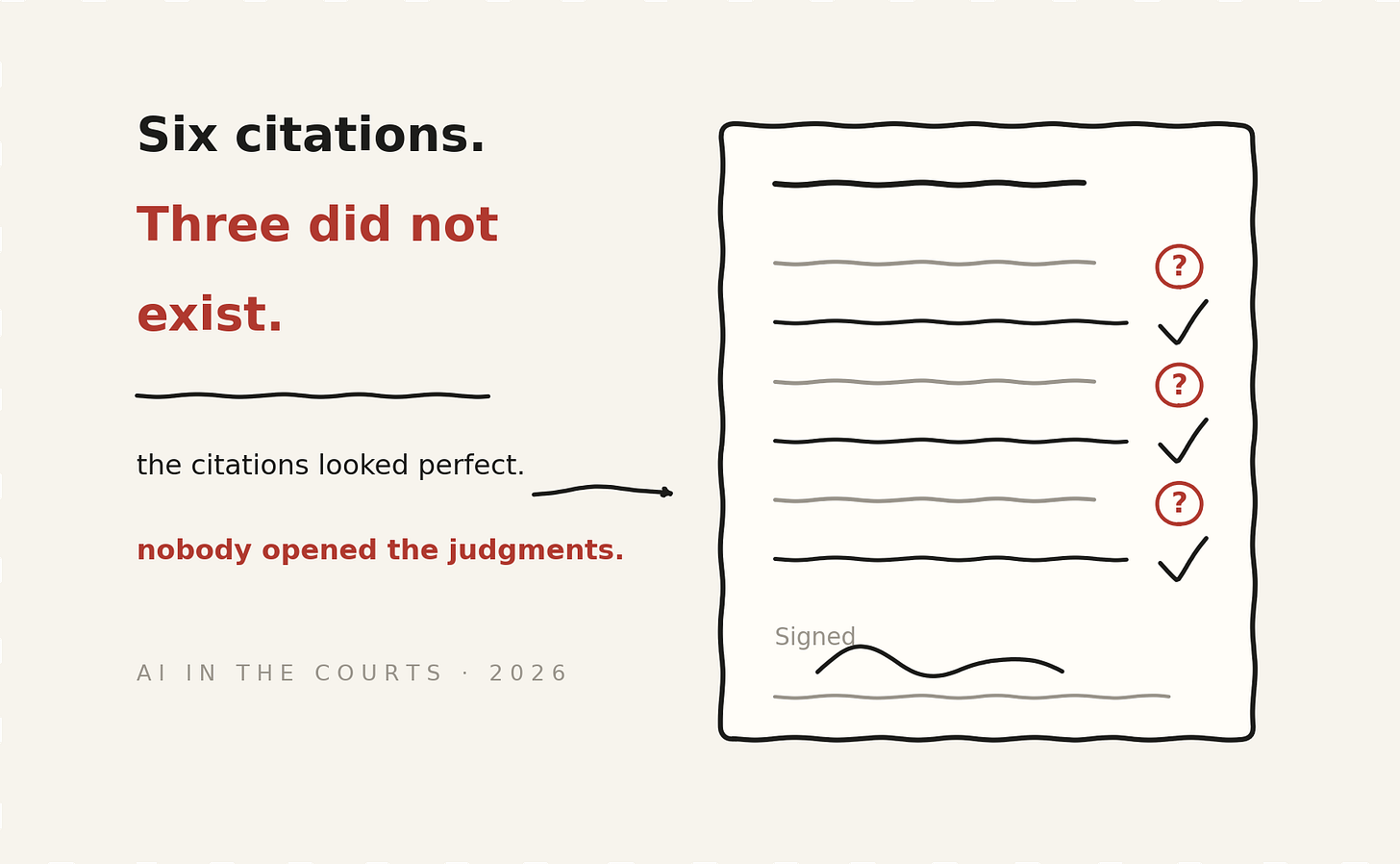 A filing listing six citations, three of them marked with a question mark, and a signature at the bottom