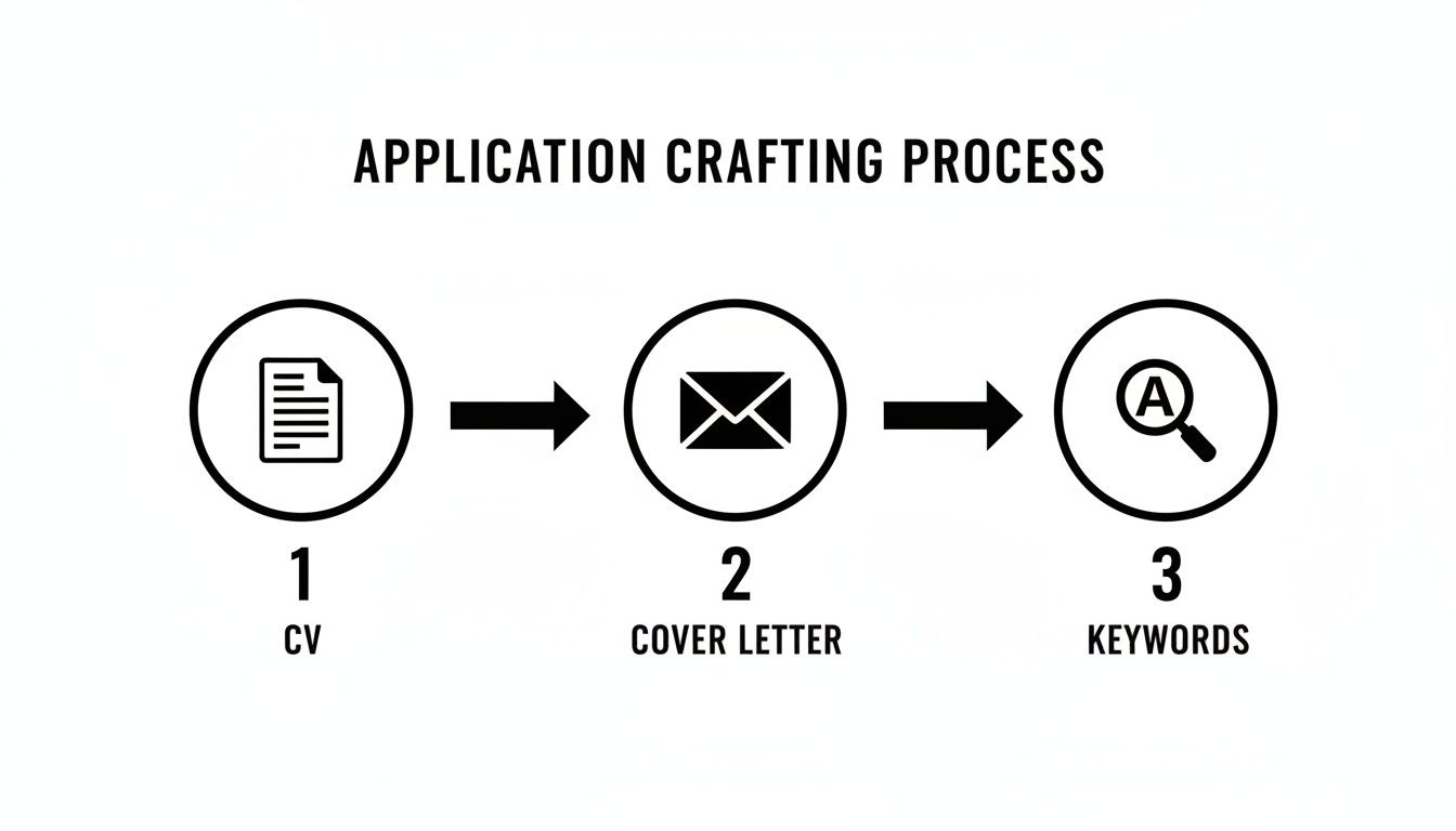 A three-step application crafting process with icons for CV, cover letter, and keyword optimization.