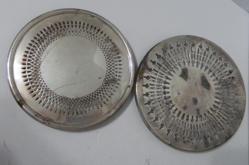 Two Silverplate Footed Hot Plates Trivets Slotted Silver Plate image 0 Two Silverplate Footed Hot Plates Trivets Slotted Silver Plate image 0