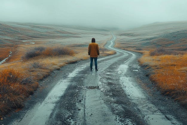 A lone figure standing at a crossroads with multiple paths stretching ...