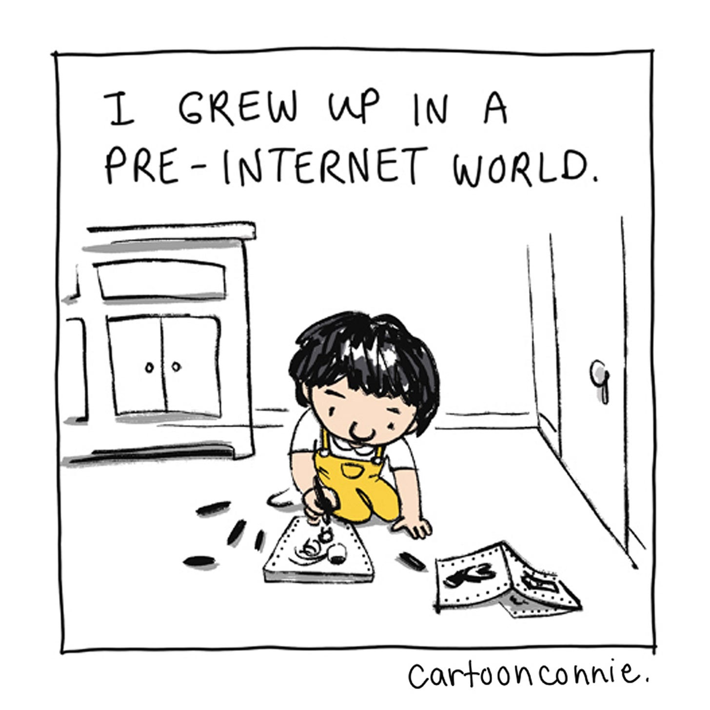 Panel 1/2 of a 2-page comic strip about an artist's relationship with the internet and social media over decades of making art online. Titled "Internet Artist," 2026, original art by Connie Sun, cartoonconnie. Panel 1/2 of a 2-page comic strip about an artist's relationship with the internet and social media over decades of making art online. Titled "Internet Artist," 2026, original art by Connie Sun, cartoonconnie.