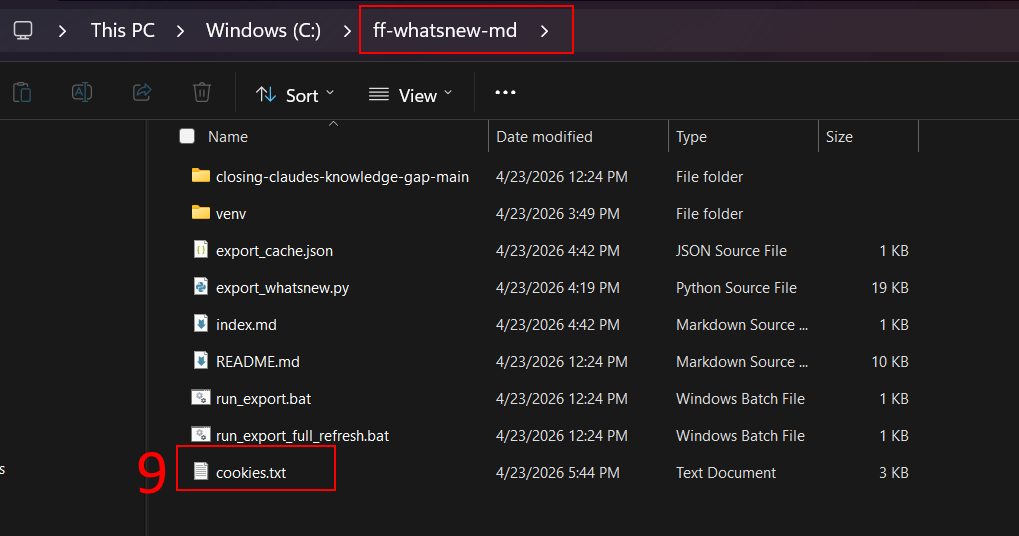 Screenshot of Windows File Explorer at C:\ff-whatsnew-md, with a red outline around "ff-whatsnew-md" in the address bar and red annotation 9 highlighting the cookies.txt file at the bottom of the file list. The directory contains the project files including export_whatsnew.py, run_export.bat, run_export_full_refresh.bat, README.md, index.md, export_cache.json, and the venv and closing-claudes-knowledge-gap-main folders.