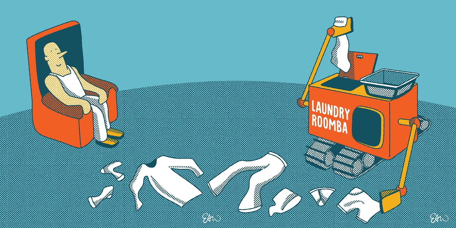 Comic drawn in a retro style with orange, teal, yellow and blue with halftones for shading. A character sits in a sofa chair. There is path of dirty clothes across the floor. And on the opposite end of the the room is a washer-dryer combo on tractor wheels with robotic arms on each side picking up the clothes. The robotic machine has a label on the front that reads, “Roomba Laundry.”