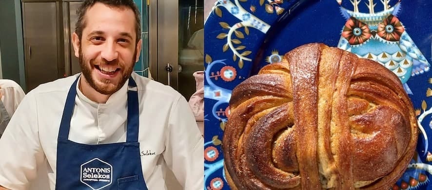 Antonis Selekos and one of his cardamom buns. The New York Sun/Anthony Grant