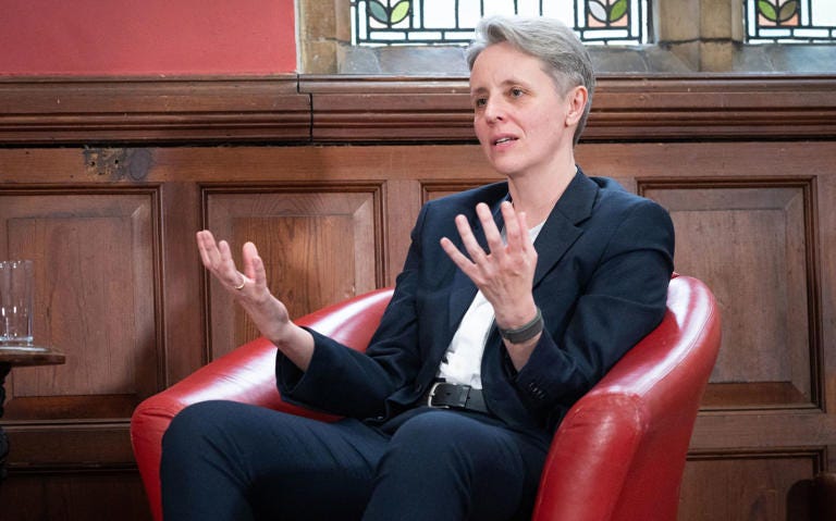 Prof Kathleen Stock, a gender-critical academic, resigned from Sussex University after she felt intimidated by trans activists - OXFORD UNION SOCIETY/PA
