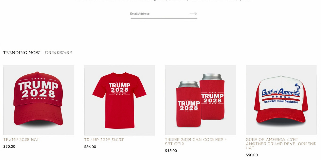 Promocionan mercancía pro reelección "Trump 2028" pese a restricción constitucional para un tercer mandato