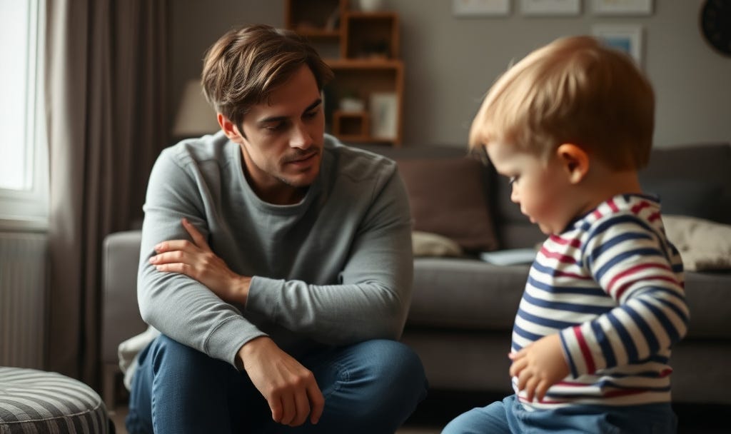 A father in a casual sweater sits thoughtfully on the living room floor, arms crossed or hands resting, watching his young toddler in a striped shirt who is sitting, toddling toward him, reaching out, or exploring nearby. Soft natural light fills the cozy home setting with couch and shelves in the background. A father in a casual sweater sits thoughtfully on the living room floor, arms crossed or hands resting, watching his young toddler in a striped shirt who is sitting, toddling toward him, reaching out, or exploring nearby. Soft natural light fills the cozy home setting with couch and shelves in the background.