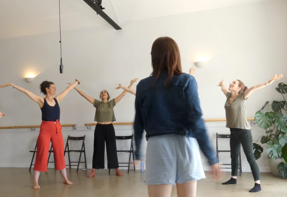 Danielle of Bird Flies Free, co-facilitating a vocal improvisation class with her colleague Lise Huber.