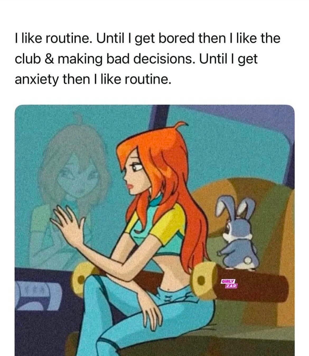 Animated still of a red-haired woman sitting sideways in a chair inside a dim, teal-lit spaceship cabin, her hand resting against a window as she looks at her faint reflection. A small gray rabbit sits behind her on the seat. The scene carries a quiet, reflective mood, emphasizing solitude, routine, and the inner contradictions between calm structure and impulsive moments Animated still of a red-haired woman sitting sideways in a chair inside a dim, teal-lit spaceship cabin, her hand resting against a window as she looks at her faint reflection. A small gray rabbit sits behind her on the seat. The scene carries a quiet, reflective mood, emphasizing solitude, routine, and the inner contradictions between calm structure and impulsive moments