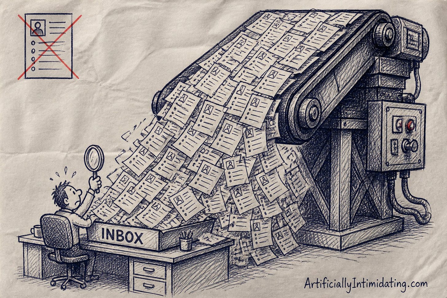 Hand-drawn sketch of an enormous industrial conveyor belt pouring an avalanche of identical printed resumes into a small office inbox tray, burying a tiny overwhelmed recruiter who holds up a single magnifying glass.