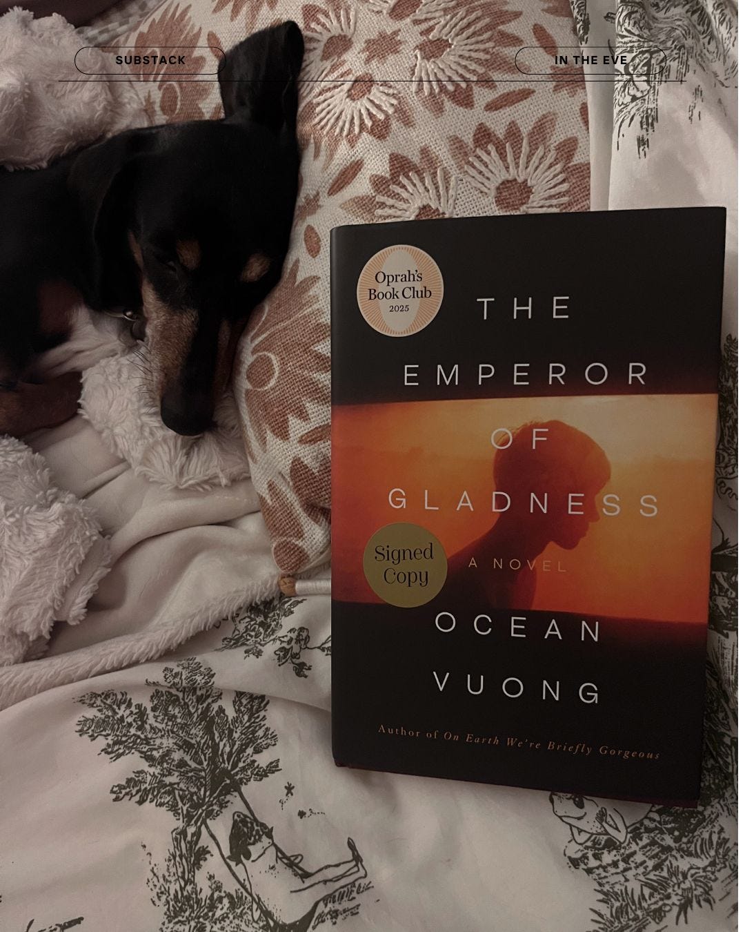 Sleeping dog beside book, The Emperor of Gladness by Ocean Vuong