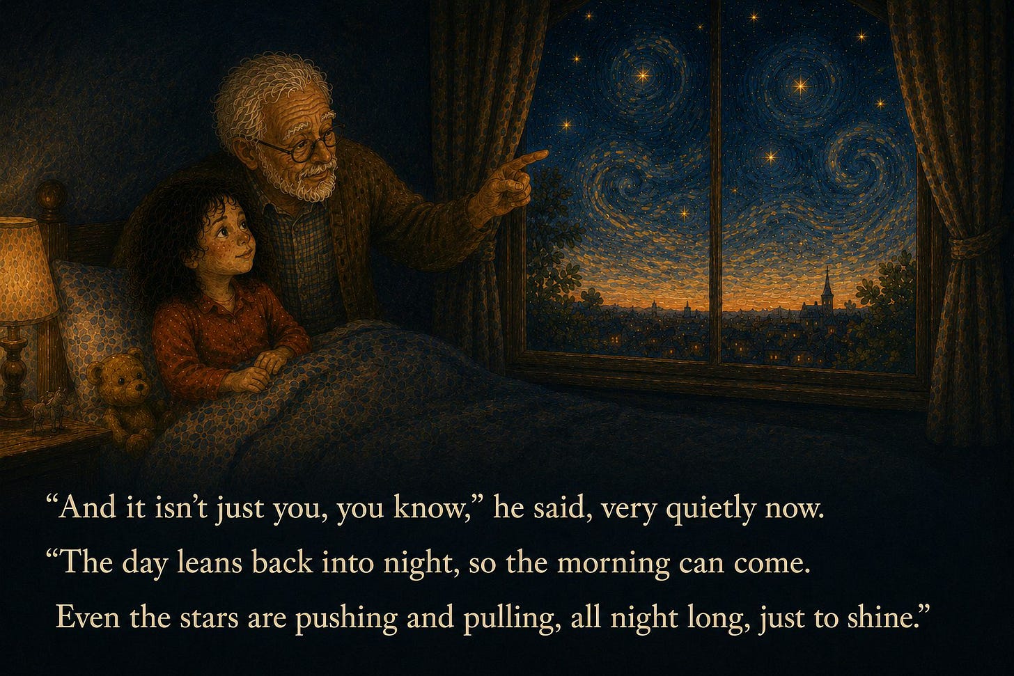 'And it isn't just you, you know,' he said, very quietly now. 'The day leans back into night, so the morning can come. Even the stars are pushing and pulling, all night long, just to shine.' Grandpa points out the window at a swirling starry night over the town.