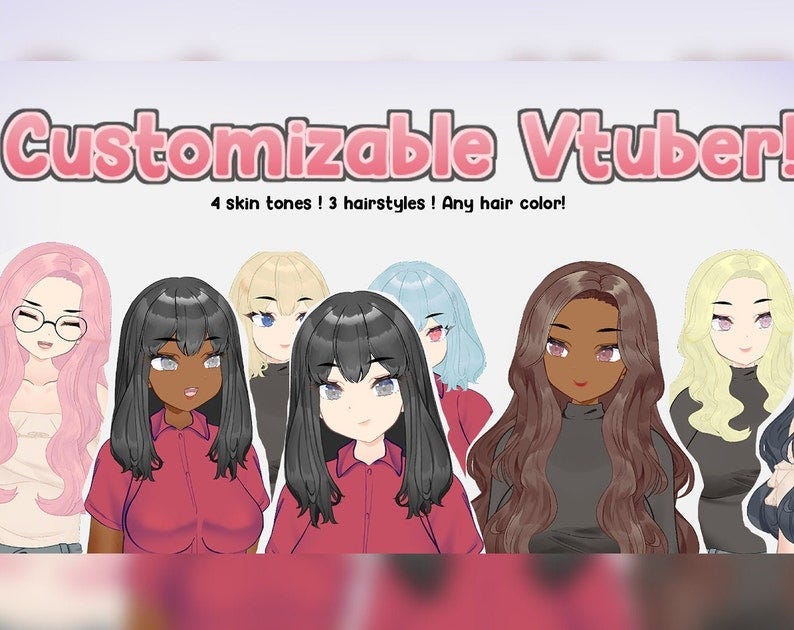 May include: Customizable Vtuber! 4 skin tones! 3 hairstyles! Any hair color!  A group of six anime avatars with different hair colors and styles. The avatars are wearing various clothing, including a pink shirt, a red shirt, a black turtleneck, and a gray turtleneck. The avatars are all smiling and looking at the camera.
