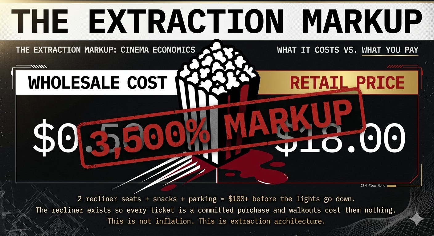 The Modern Movie Theater Receipt      Two tickets (reserved recliner seats, taxes, fees )$52–$70    Large popcorn (5-gallon bucket, costs ~$0.50 to fill) $18    64 oz soda (costs ~$0.75 in syrup + cup) $9    One candy (same bag, $3.79 at CVS next door) $