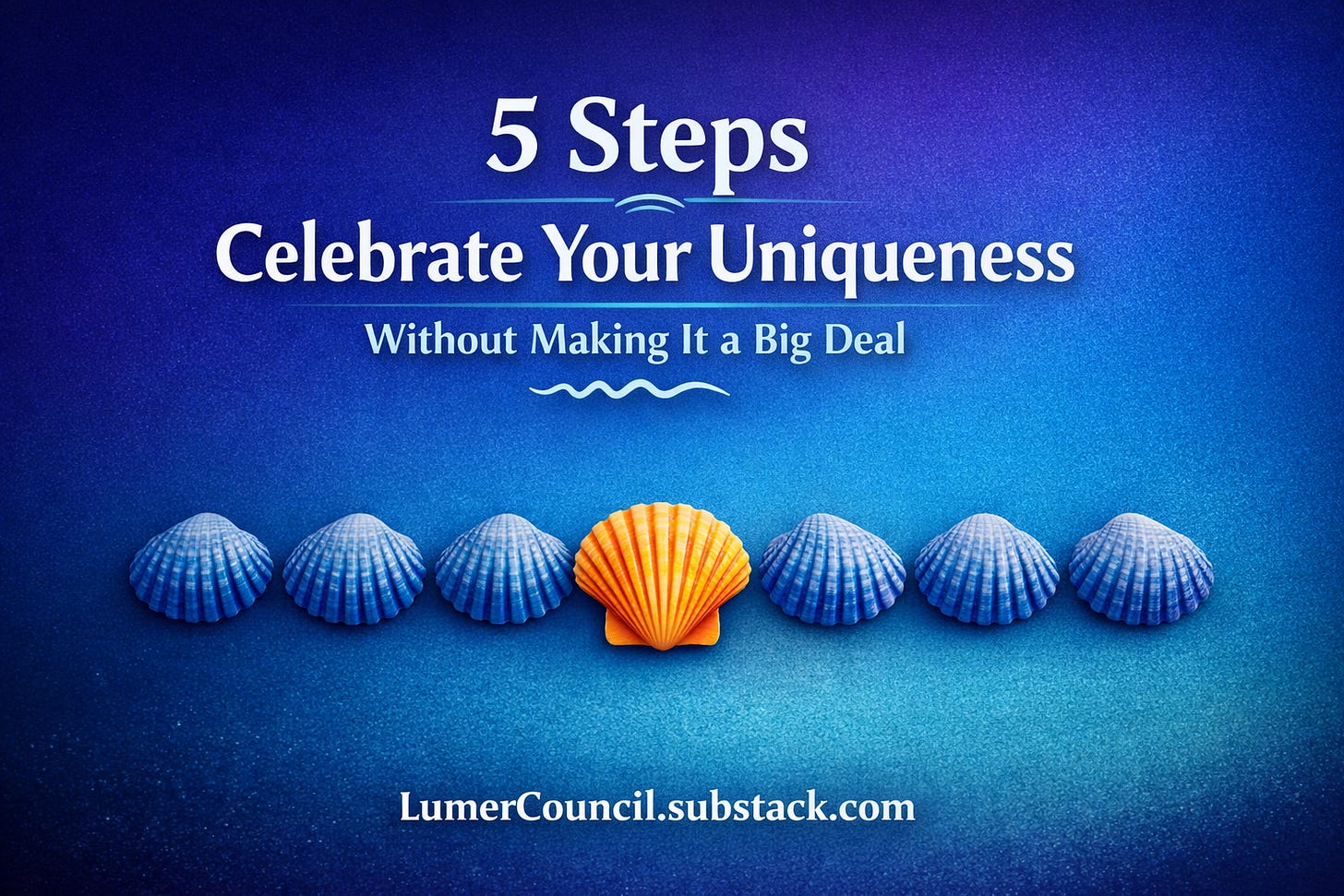 Blue-to-teal gradient background with the headline “5 Steps: Celebrate Your Uniqueness Without Making It a Big Deal.” Along the bottom is a row of seashells, mostly blue, with one bright orange shell in the center standing out. The URL “LumerCouncil.substack.com” appears at the bottom.