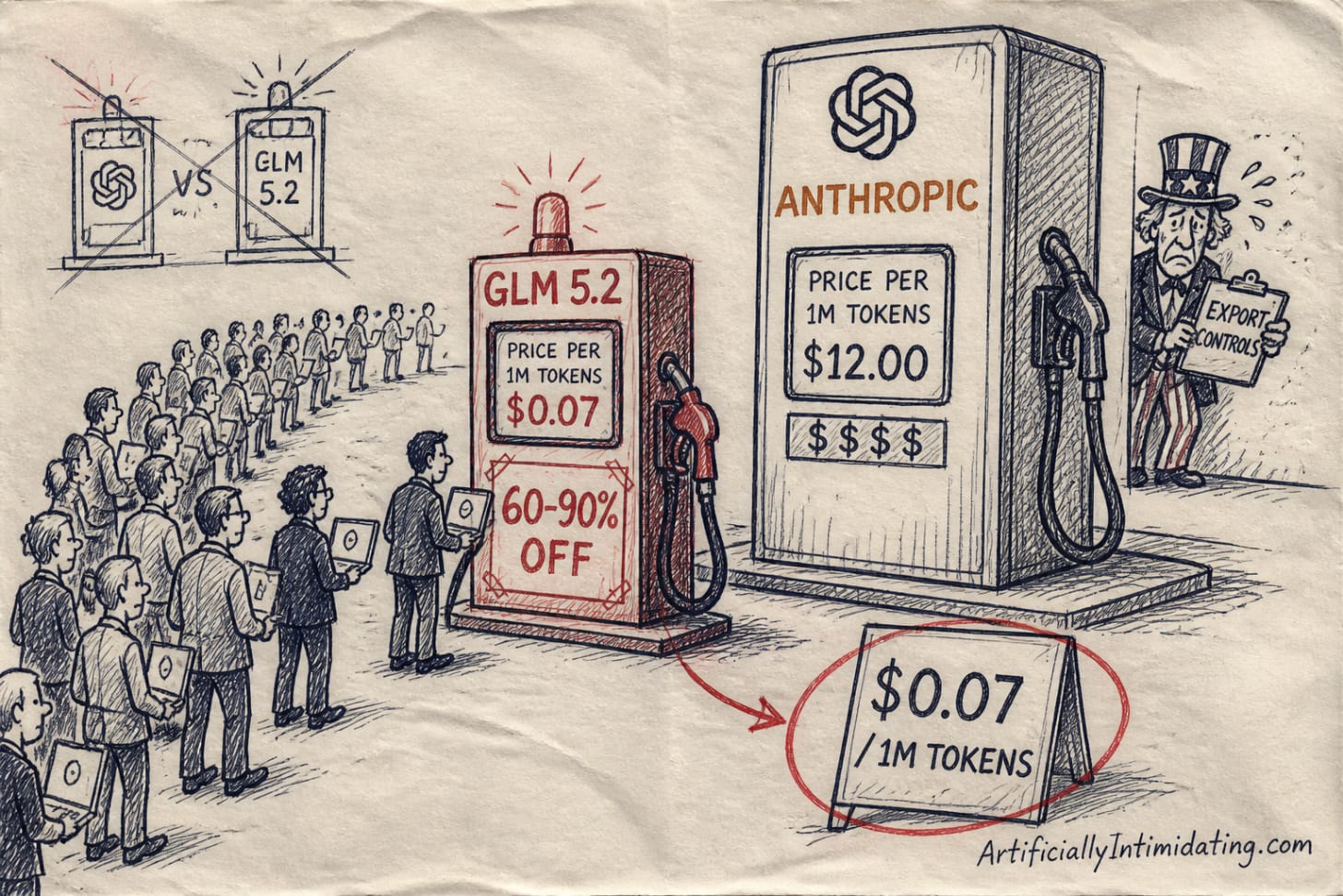 Editorial cartoon: a discount GLM 5.2 fuel pump tagged 60-90% off draws a long line while a pricey US AI pump sits idle; a tiny Uncle Sam holds an export-controls clipboard.