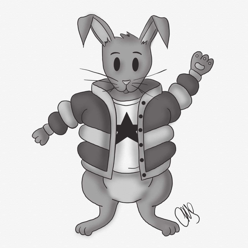 illustration of a rabbit up on its hind legs and wearing a white t-shirt with a star and a puffy (or bulky) winter coat. the rabbit has floppy ears and is waving its left paw. the illustration is black and white.