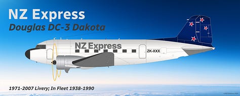 A selection of aircraft types that were formerly operated as part of the NZ Express fleet and/or its predecessor carriers: (1) Ford Trimotor, (2) Douglas DC-3, (3) Fokker F27 Friendship, (4) Hawker Siddeley HS 748, (5) British Aerospace BAe 146, (6) Fokker F28 Fellowship, (7) McDonnell Douglas DC-9-10, (8) de Havilland DHC-3 Otter, and (9) Pilatus PC-12 - all seen in side view in their respective liveries while in midflight.