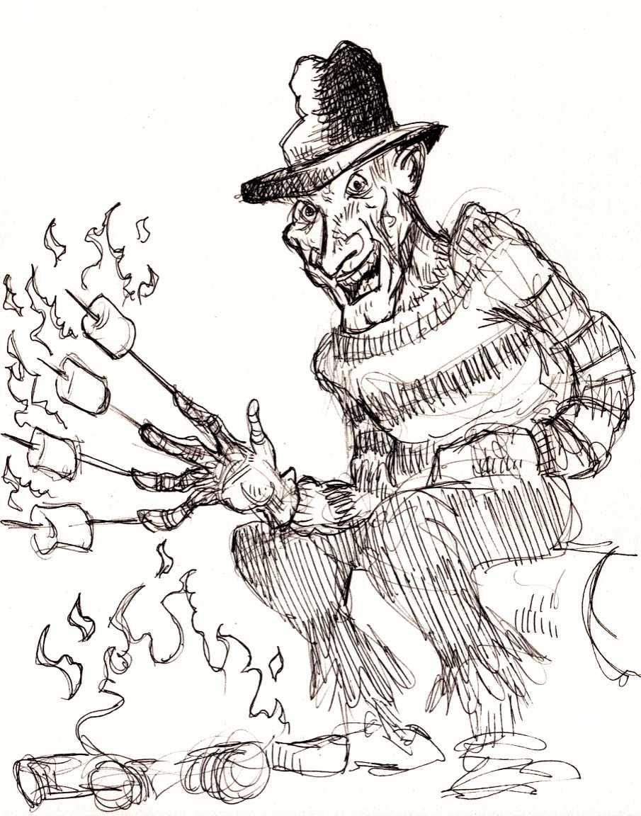 Ink sketch of Freddy Krueger at a campfire with marshmallows on his claws.
