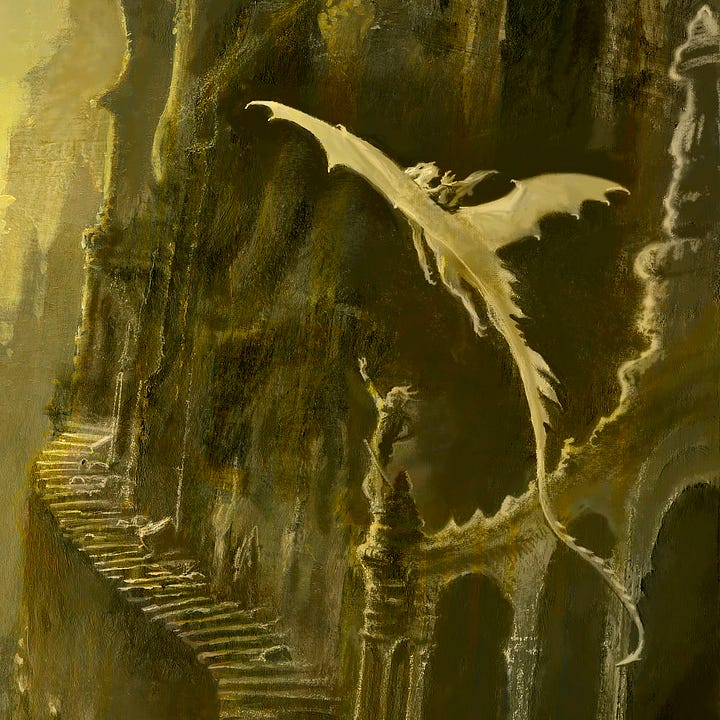LEFT: Detail from RETURN TO MELNIBONÉ featuring Elric riding on a white dragon as it glides into Imrryr, The Dreaming City. Below is a statue with one arm reaching out and a sword at its hip. Following the implied line, stairs wind upward to an ornate gate topped not with spikes but curving antennae, lending it an alien sensibility. RIGHT: Figure detail from RETURN TO MELNIBONÉ featuring the tiny figure of Elric riding on the back of a pristine white dragon. Its wings are spread wide as if it's gliding and its long tail extending off panel below.