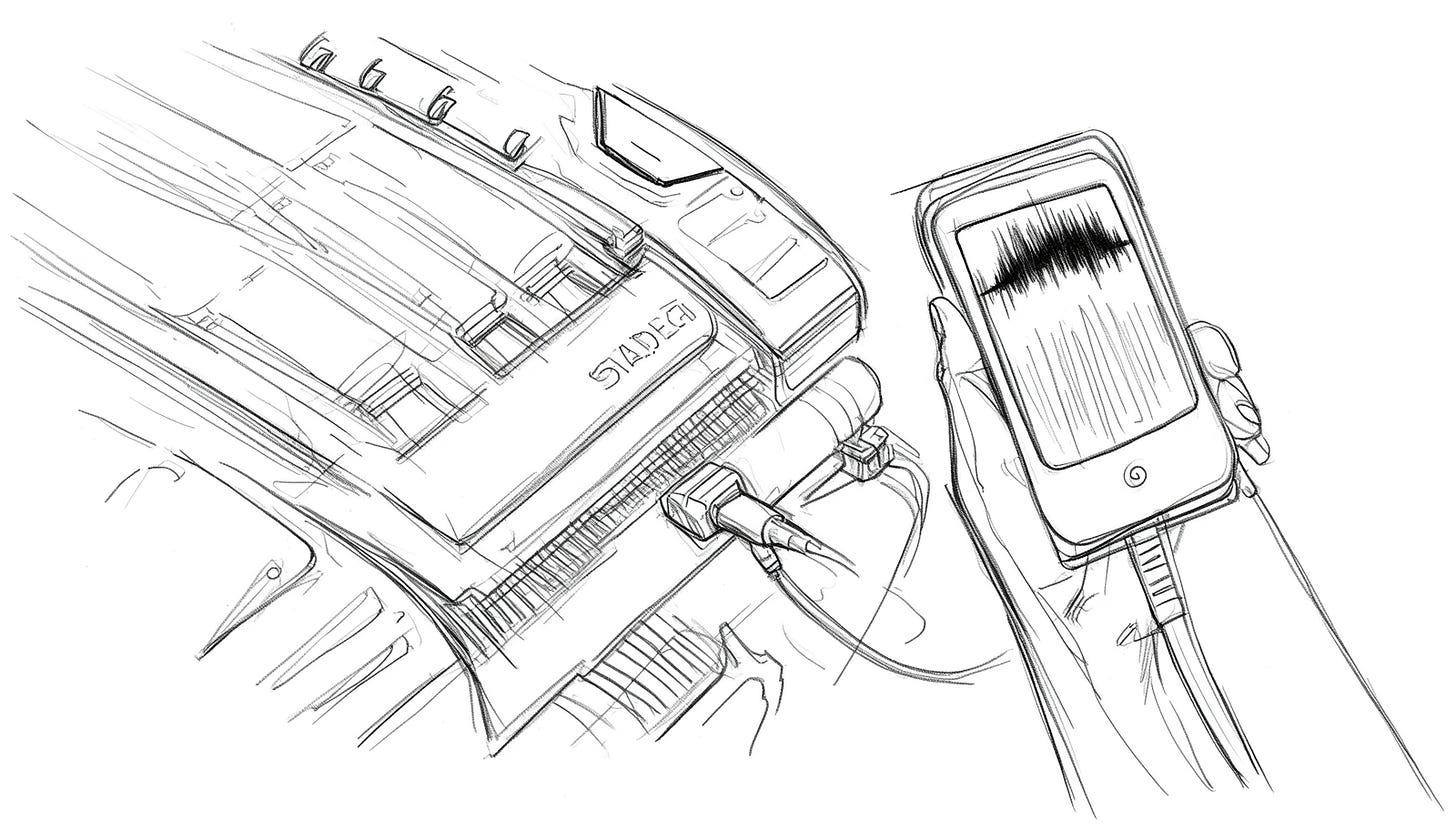 A diagnostic scanner plugged into a running engine, its screen showing only static noise. A diagnostic scanner plugged into a running engine, its screen showing only static noise.