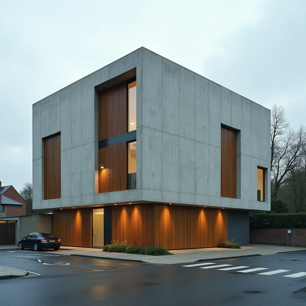 A basic commercial block, with a modular design using simple, rectangular shapes. The building is made of concrete with large windows, offering open spaces inside for flexible use. The exterior is accented with vertical wooden slats for a touch of warmth and texture. Modular design, concrete and wood, clean and functional.