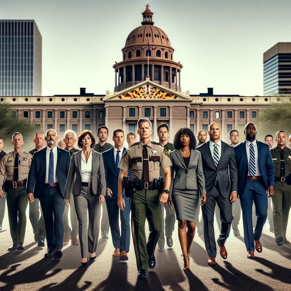 Visualize a diverse group of Arizona sheriffs and prosecutors, both men and women from various ethnic backgrounds, walking towards the Capitol with determination. They are dressed in a mix of official uniforms and professional suits, showcasing the variety within their roles and responsibilities. The group exudes confidence and authority, moving together with a sense of unity and purpose. The Capitol stands in the background, symbolizing the destination of their collective effort and the seat of legislative power. This scene emphasizes the diversity and inclusivity within the law enforcement and legal community, portraying them as a formidable and cohesive force. Their approach to the Capitol is both impressive and slightly intimidating, reflecting the significance of their roles in shaping and enforcing the law. Visualize a diverse group of Arizona sheriffs and prosecutors, both men and women from various ethnic backgrounds, walking towards the Capitol with determination. They are dressed in a mix of official uniforms and professional suits, showcasing the variety within their roles and responsibilities. The group exudes confidence and authority, moving together with a sense of unity and purpose. The Capitol stands in the background, symbolizing the destination of their collective effort and the seat of legislative power. This scene emphasizes the diversity and inclusivity within the law enforcement and legal community, portraying them as a formidable and cohesive force. Their approach to the Capitol is both impressive and slightly intimidating, reflecting the significance of their roles in shaping and enforcing the law.
