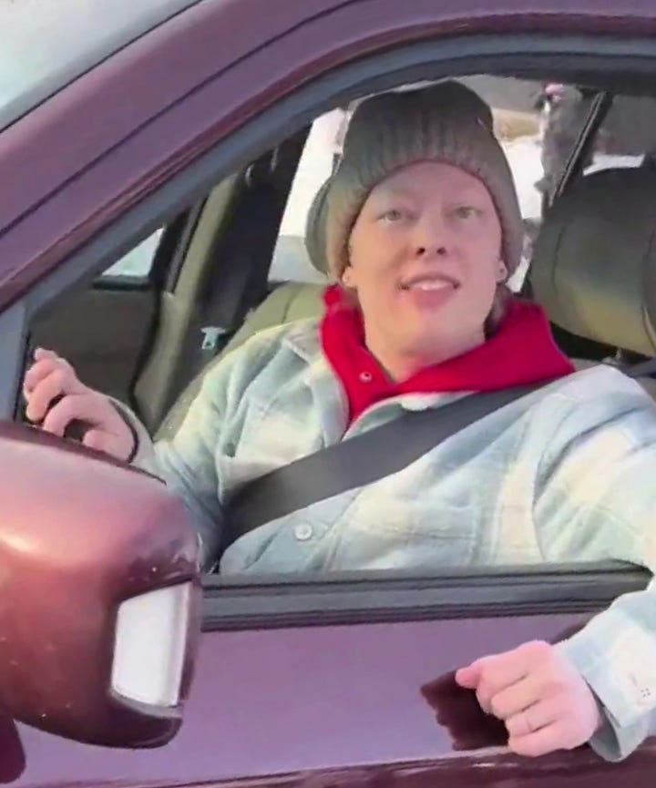 Photo on the left shows a white man with brown hair and beard in surgical scrubs standing in front of an American flag. The photo on the right shows a woman in the driver's seat of a maroon minivan, a seatbelt across her chest and a woolen cap covering her heat. One hand holds the steering wheel and the other leans on the open window of the car. She is smiling.