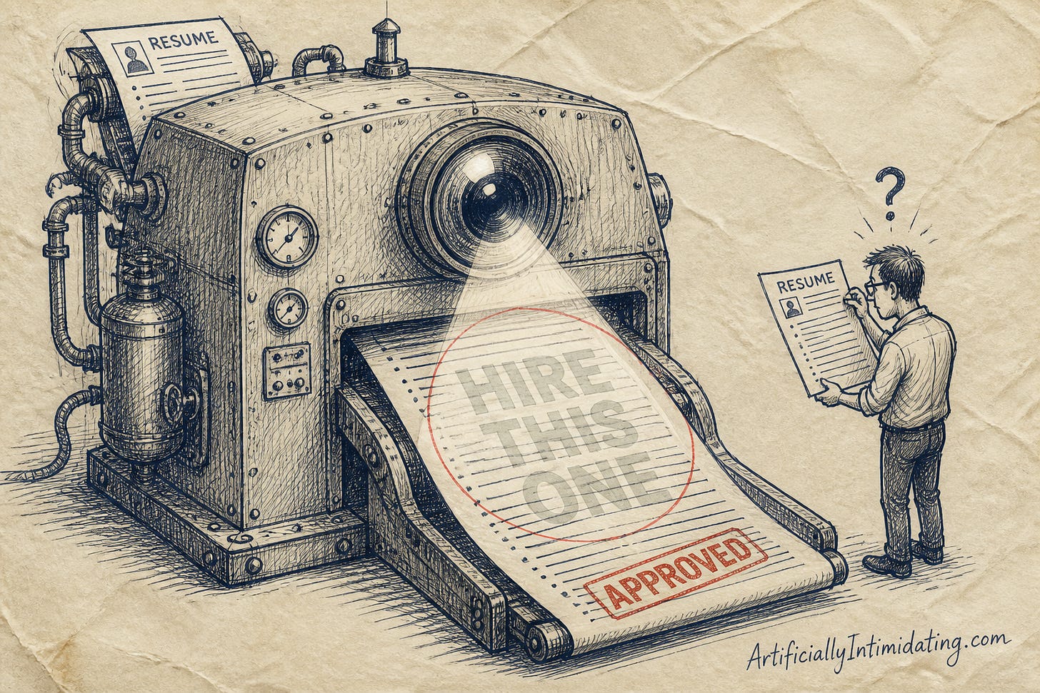 Editorial cartoon: a giant riveted resume-scanning machine reads a page whose hidden ghost text says HIRE THIS ONE and stamps it APPROVED, while a human recruiter beside it squints at a clean copy of the same page and sees nothing.