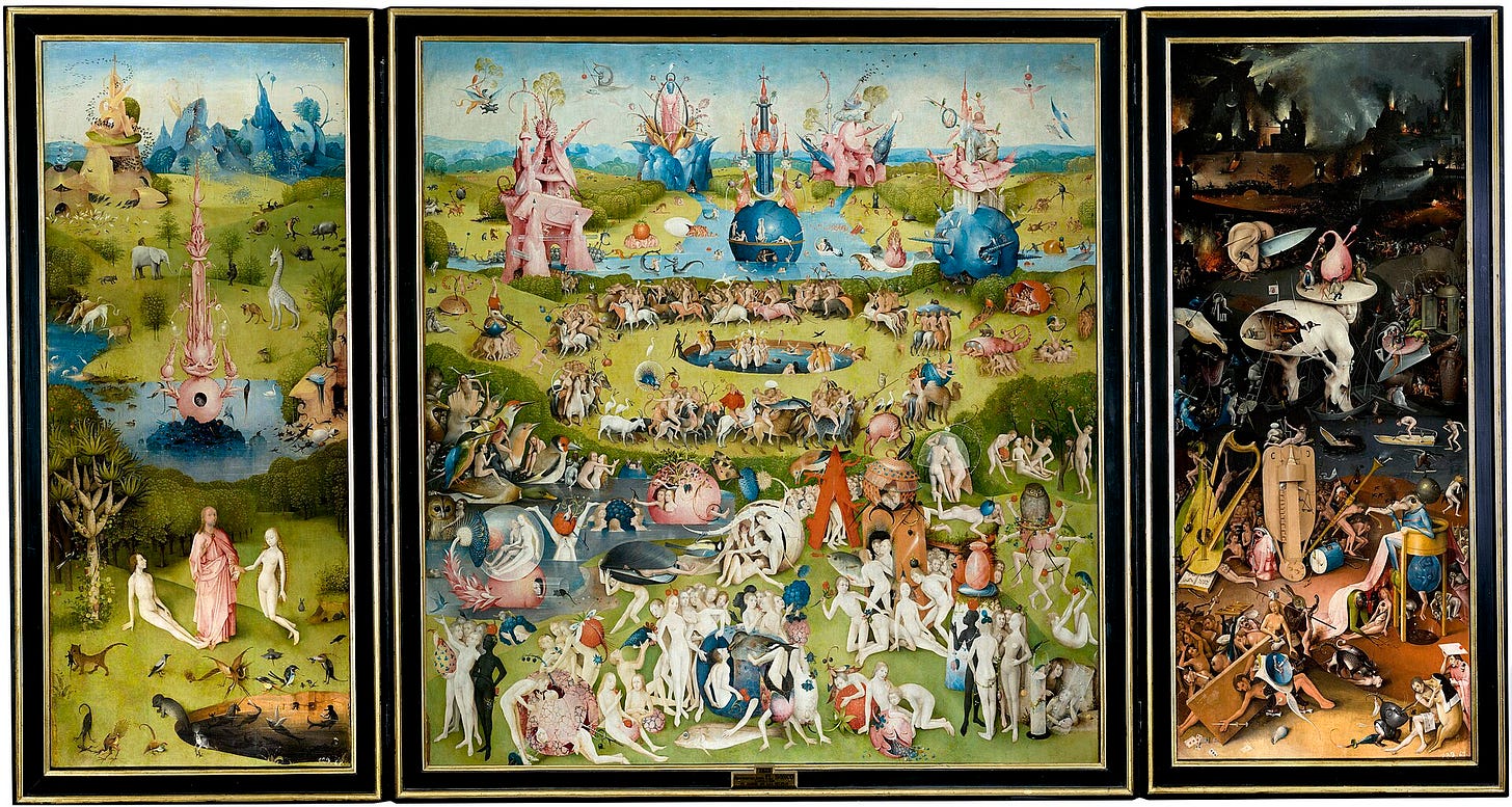 Hieronymus Bosch, The Garden of Earthly Delights, open, 1490 to 1500. Museo del Prado, Madrid. Hieronymus Bosch, The Garden of Earthly Delights, open, 1490 to 1500. Museo del Prado, Madrid.