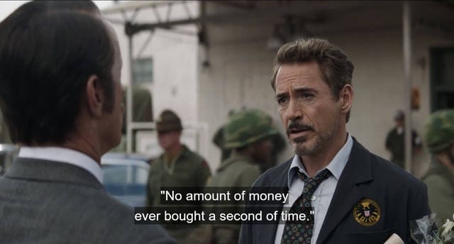 r/shittymoviedetails - In Endgame (2019) Tony Stark repeats the line "No amount of money ever bought a second of time", while just a hours beforehand he used his great resources as a bajillionaire (bought with money) to time travel and eventually, meet his dad again.