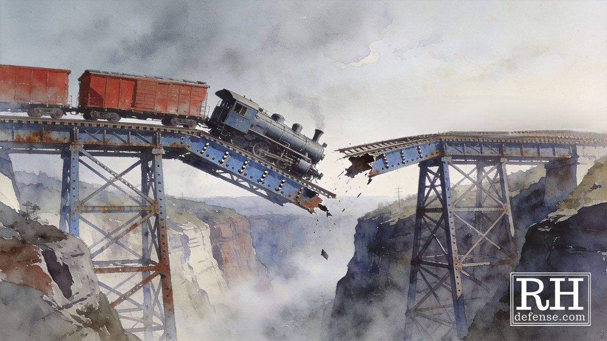 A watercolor-style scene of an early steam locomotive and freight cars beginning to plunge into a deep gorge as a steel railroad bridge collapses mid-span, the tracks broken and the structure giving way beneath forward momentum.