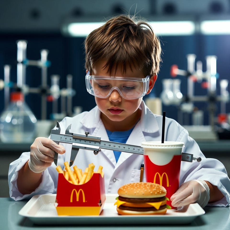 A young boy in a lab coat examines a McDonald's meal with a caliper in a scientific setting.
